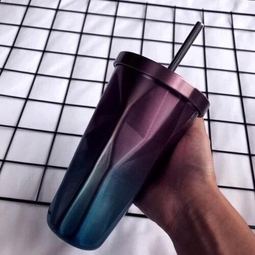 500ML 304 Stainless Steel Coffee Tumbler With Straw Hot Cold Double Wall Drinking Mug Cup Coffee Travel Mug Irregular With Lid