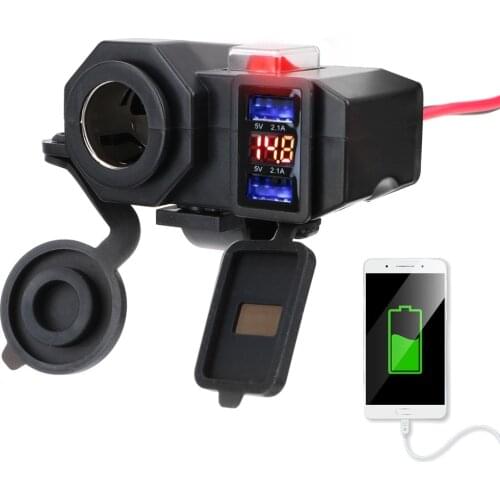 For Phone Dual USB Port Cigarette Lighter Socket Digital Display 5V 2.1A Adapter Power Supply Motorcycle Handlebar Charger