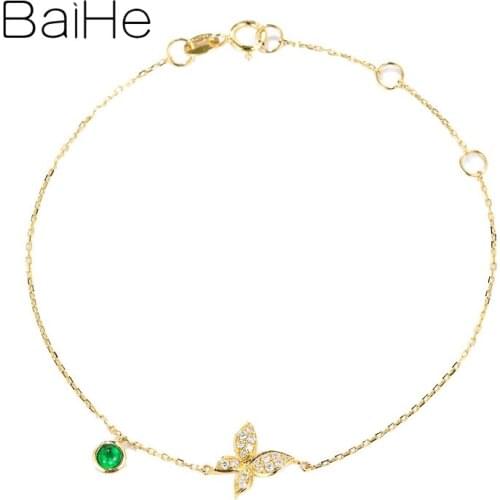 BAIHE Solid 18K Yellow Gold Flawless Round 0.07ct 100% Genuine Natural Emerald Wedding Women Trendy Fine Jewelry Gift Bracelet