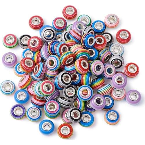 100pcs Mix Color Resin Striped Large Hole Rondelle European Beads 14x8~8.5mm with Cores Fit European Style Charm Bracelet