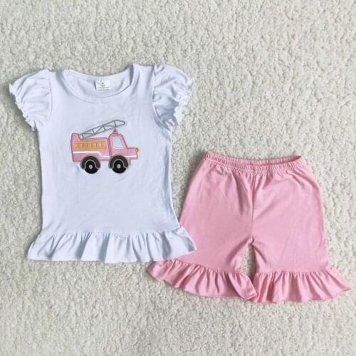 Boutique Kids High Quality Summer Short Sleeve Outfits Girl Truck Embroidery Craft Top And Shorts Set Toddlers Cute Clothes