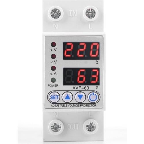 Din Rail Dual Display Adjustable Over Voltage Current and Under Voltage Protective Device Protector Relay 63A 220V 230V