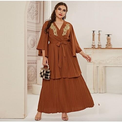 DOIB 2021 Abaya Long Spring Womens Ruched Dresses Butterfly Large Plus Size Stitching Elegant Ladies Sashes Maxi Dress