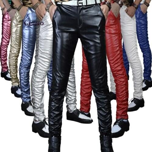 Quality Pu Winter Line Sexy Red Slim Tight Male Leather Pant Men Motorcycle Black Skinny Biker Trouser Leather Jogger Blue