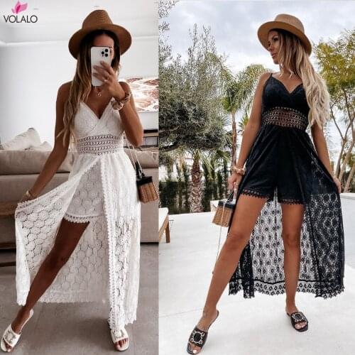 Summer V Neck Solid Color Lace Hollow-Out Sleeveless Sling Party Wear High Waist Rompers Holiday Casual White Womens Jumpsuit