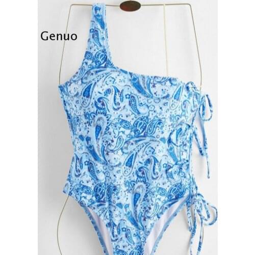 Floral Print Swimwear Women One Shoulder 2021 Swimsuit Sexy Bodysuit High Waist One Piece Suits Hollow Out Beach Wear