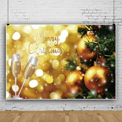 Laeacco Merry Christmas Photo Backdrop Gold Light Bokeh Pine Wine Glass Celebrate Party Photocall Banner Photography Background