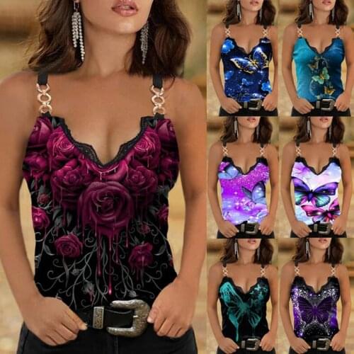 Tank Tops Women Floral Print Sleeveless Shirts Summer Casual Womens Blouses Lace V Neck Tanks Vest Slim Tops 2021 Plus Size