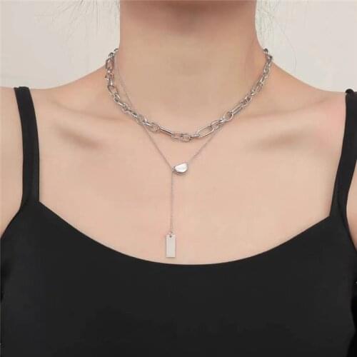 Trendy Simple Design Silver Color Double Layer Chain Necklace Street Fashion Womens Pendant Fine Jewelry Accessories