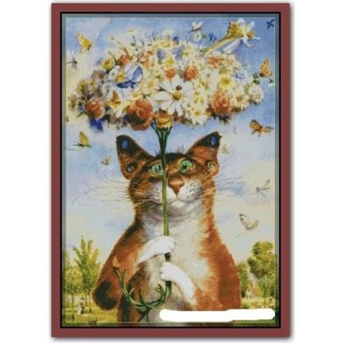 Cute cat animal flower Cross Stitch Kits Crafts 14CT Unprinted For Embroidered Handmade Art Aida Oil Painting Wall Home Decor