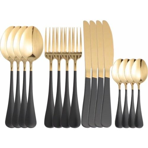 16Pcs Black Gold Stainless Steel Cutlery Tableware Set Dinnerware Dinner Flatware Set Forks Knives Spoons Set Thin Silverware