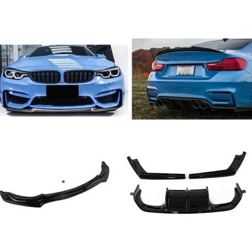 Front Bumper Spoiler Lower Lip & Rear Trunk Quad Exhaust Outlet Diffuser Chin Glossy Black For BMW F80 M3 F82 F83 M4 2015-2020