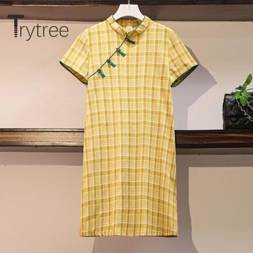 Trytree 2020 Summer Woman Casual Dress Stand Collar Plaid Yellow Loose Pockets Fashion Elegant Temperament Mini Cheongsam Dress