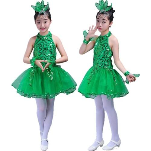 Fashion Children Green Puffy Princess Dress Performance Costume Girls Modern Dancing Stage Show Clothing