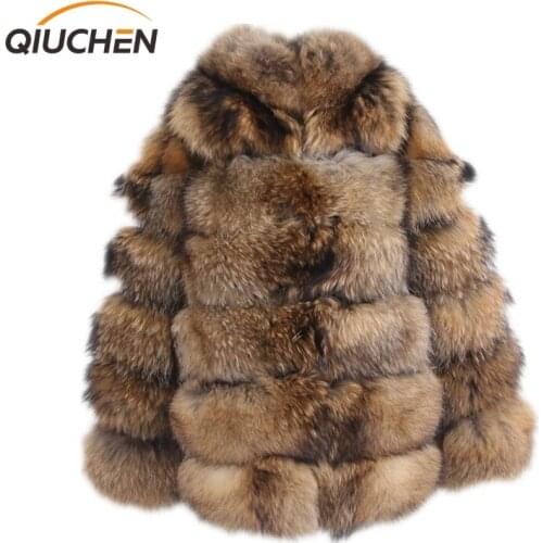 QIUCHEN PJ1911 2020 New arrival high quality real raccoon fur coat with collar . long styles women winter coat keep warm