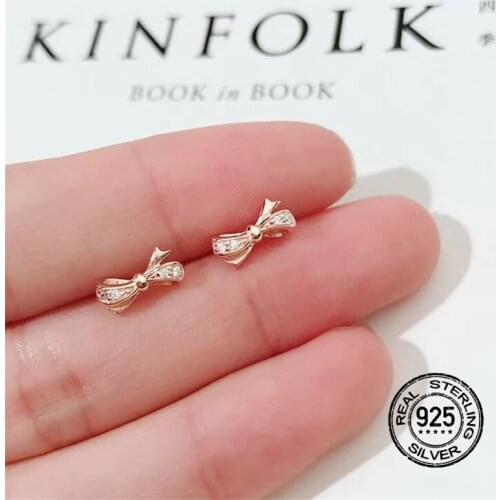 S925 Sterling Silver Needle Earrings For Women Set Rose Gold Bow Korean Simple Style Fashion Trend Temperament Jewelry INEFFA