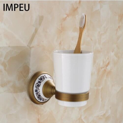 Bathroom Lavatory Single Glass Tumbler with Special Ceramic Base Holder Wall Mount, Antique Brass Finish