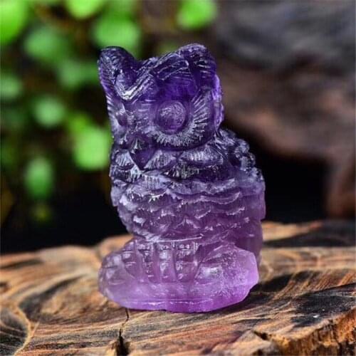 Natural Crystal Fluorite Carving Owl Statue Natural Stone Animal Healing Figurine Handmade Carved Home Decoration Gift