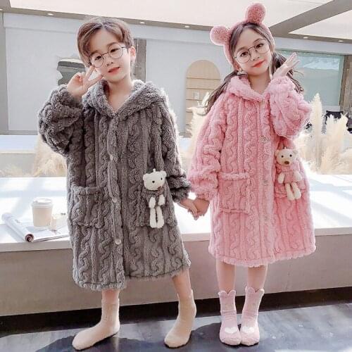 Hooded Warm Single-breasted Sleepwear Cardigan Boys New Winter Lovely Bear Bathrobes for Girls 2021 Flannel Birthday Party Robe