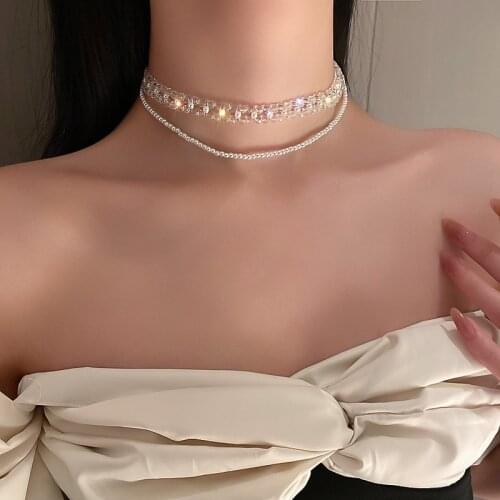 U-Magical Temperament Double-Layer Crystal Double Layer Chokers Necklace for Women Charming Beaded Metallic Necklace Jewellery
