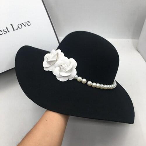 Winter Fedora black Wool hat for women felt Hepburn with flowers and pearls brim hat French fashion