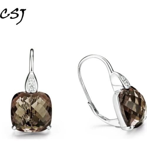 CSJ Natural Smoky Quartz Earrings 925 Sterling Sliver Green Crystal Drop Earrings For Women Lady Mother Party Gift Box