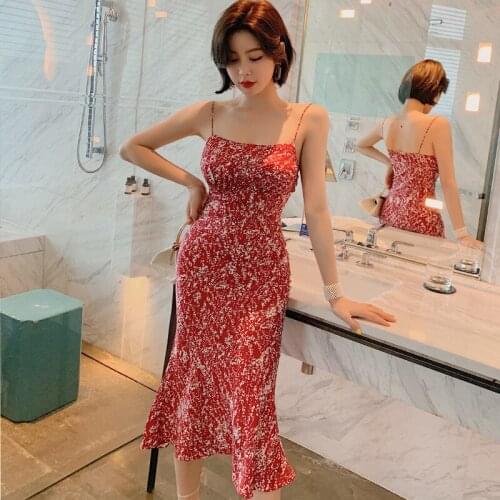New arrival fashion party dress women elegant summer sexy strap simple beach temperament print red slim mermaid dress