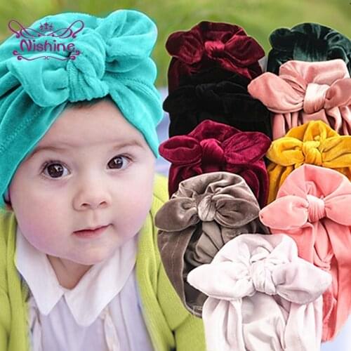 18*14 CM Solid Color Soft Gold Velvet Baby Hats Cute Handmade Bunny Ears Infant Caps Fashion Knotted Turban Clothing Decoration