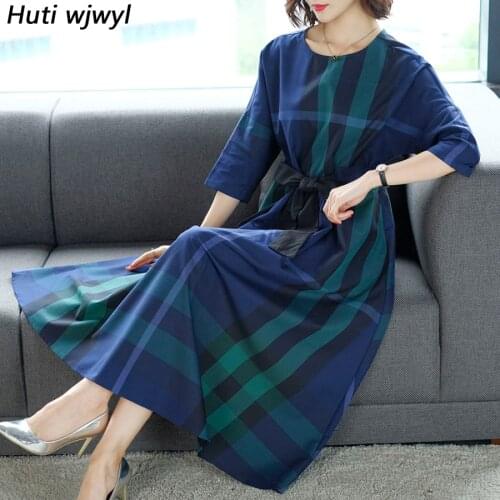 2021 Korean Vintage Cotton Linen Midi Dresses Summer New Plus Size Plaid Elegant Boho Maxi Sundress Women Bodycon Party Vestidos