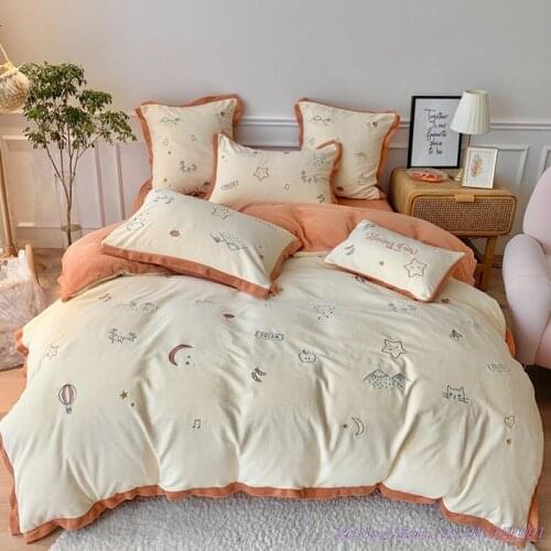 4pcs Milk velvet Bedding Set winter coral velvet thickened double-sided velvet small fresh girl flannel DuvetCover 1.8m Bedsheet