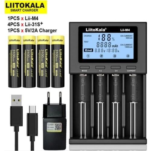 4PCS New LiitoKala Lii-31S 18650 Battery 3.7V Li-ion 3100mA 35A Power Battery For high Drain Devices.+Lii-M4 Charger 5V 2A