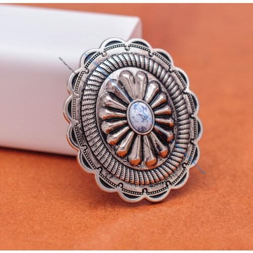 6pc 44*38mm Ethnic Western Flower Carved Southeast White Turquoise DIY Leathercraft Luggage bag Case Belt Oval Concho Screwback