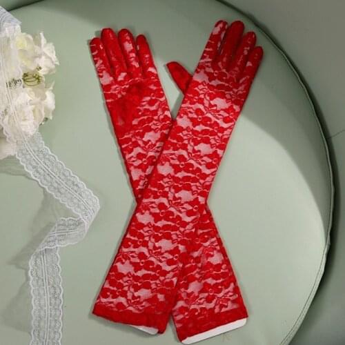 White Red Black Pink Lace Gloves Women Elbow Length Full Finger Bridal Long Gloves Wedding Gloves Gants De Mariee Accessories