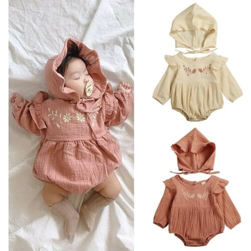 Focusnorm 0-24M 2PCS Newborn Baby Girl Bodysuit Clothing Cotton&Linen Clothes Cotton Bodysuit Hat Outfit Clothes