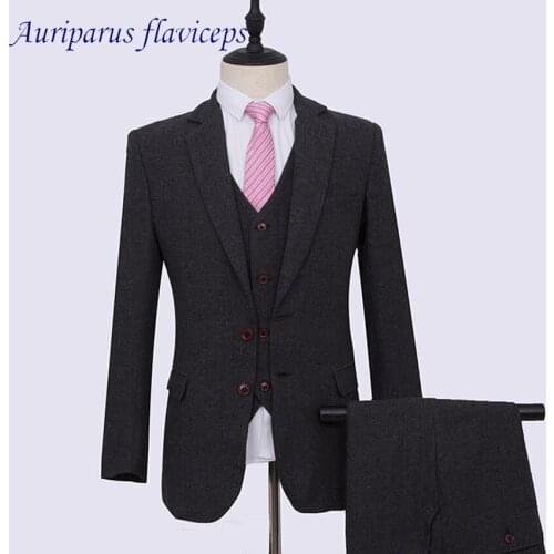 Black Harringbone Man Suit Black Tweed Wedding Suit Groom Tuxedos Harringbone Blazer for Groomsman Suit(Jacket+pants+vest)
