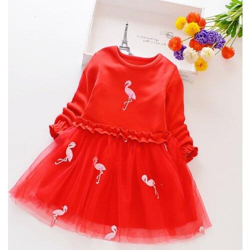 12M-8 Years Flamingo Tulle Dress Baby Girls Toddler Kids Childrens Long Sleeve Dress Fall Clothing Princess Costume