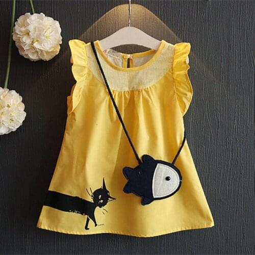 DFXD Little Girls Sleeveless Cartoon Cat Print Casual Dresses 2018 New Summer Yellow Toddler Princess Derss Kids Costume 2-7Y