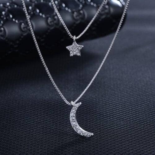 925 Sterling Silver Double Layered Moon Star Clavicle Chain Necklaces Micro Paved Zircon Jewelry For Women Girl S-N389