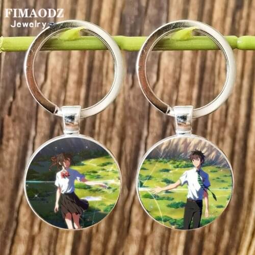 FIMAODZ Kimi No Na Wa Poster Keychain Your Name Miyamizu Mitsuha Tachibana Figure Crystal Pendant Alloy Bag Car Keyring