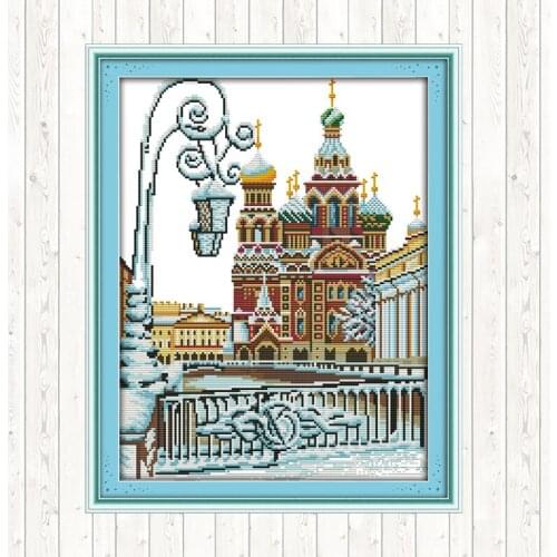 Joy Sunday Cross Stitch Kits Fountain Landscape Painting DMC DIY Aida Fabric for Embroidery Kit 14ct Printed Canvas Needlework