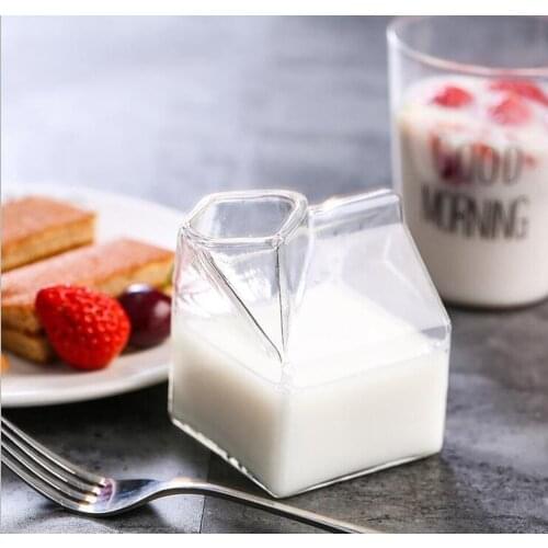 Cute Creative American Milk Box Shape Glass Singlelayer Square Heat Resistant Household Coffee Milk Juice Cup for Women Man Kids