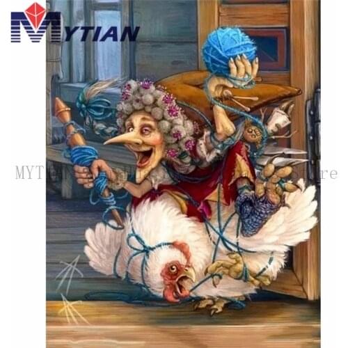 Silly Old Lady Riding a Chicken and Knitting, 5D Diamond Painting Art Kit,MYTIAN DIY Diamond Embroidery Mosaic Home Decoration