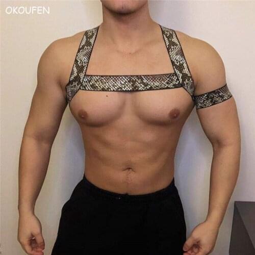 Nightclub Bar Men Muscle Fitness Sexy Snake Print Chest Straps Party Stage accessories costumes fashion show