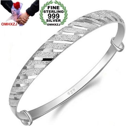 OMHXZJ Wholesale Classic Woman Child Gift Fine Matte Meteor Shower Push Pull 999 Sterling Silver Bracelet Bangle Adjustable SZ75