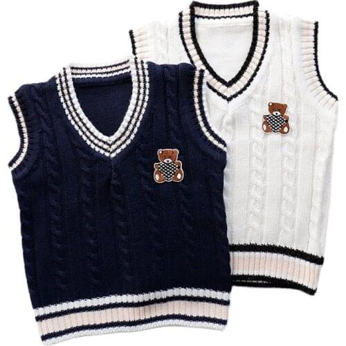 Autumn Spring Children Vests Boys Girls Sweater Knitting New Academic Style Casual Sleeveless Cartoon V-neck Pullover Vests Coat