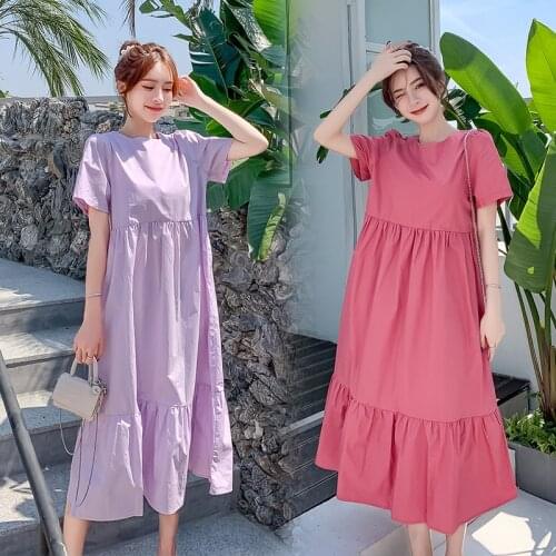 9021# Maternity Dress Summer O Neck Solid Color Cotton Short Sleeve Loose Stylish Dress for Pregnant Women Mom Dress