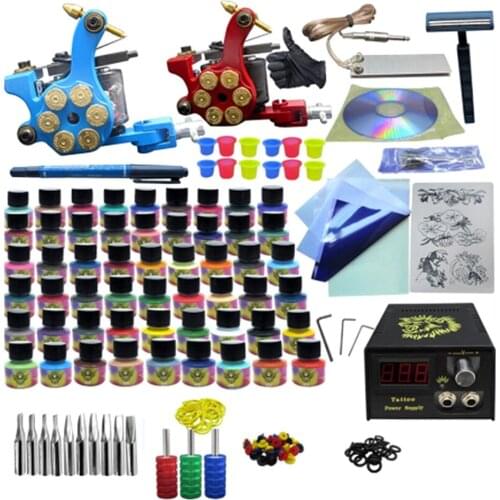 Professional Tattoo Kit 2 Machine Gun 54 Color Inks 20 Pcs Tattoo Needle Foot Pedal Complete Tattoo Set