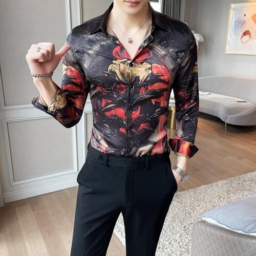 2021 Spring Flower Shirts Men Long Sleeve Male Business Casual Dress Shirts Streetwear Social Nightclub Party Camisa Masculina