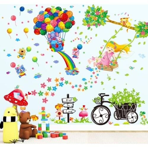 Removable wall sticker stickers creative cartoon childrens room swing wall decoration rural style floats rainbow