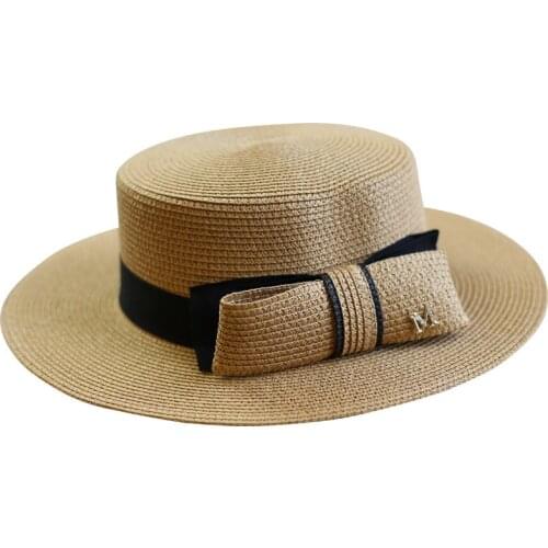 Flat top big bow womens straw hat summer black classic beach hat top hat street shooting hat outdoor sunscreen sun hat